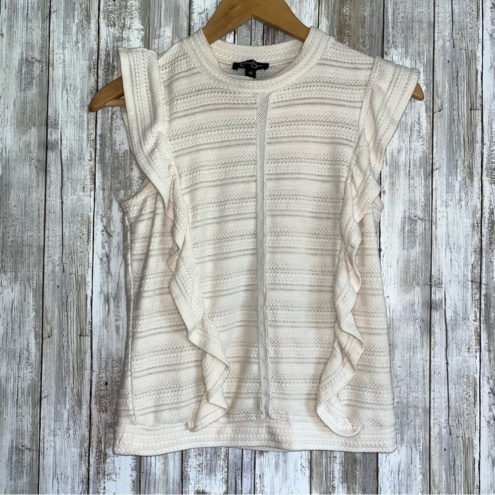 Jessica Simpson Cream Ruffle Sleeve Pointelle Knit Sweater Top XS - Picture 2 of 5